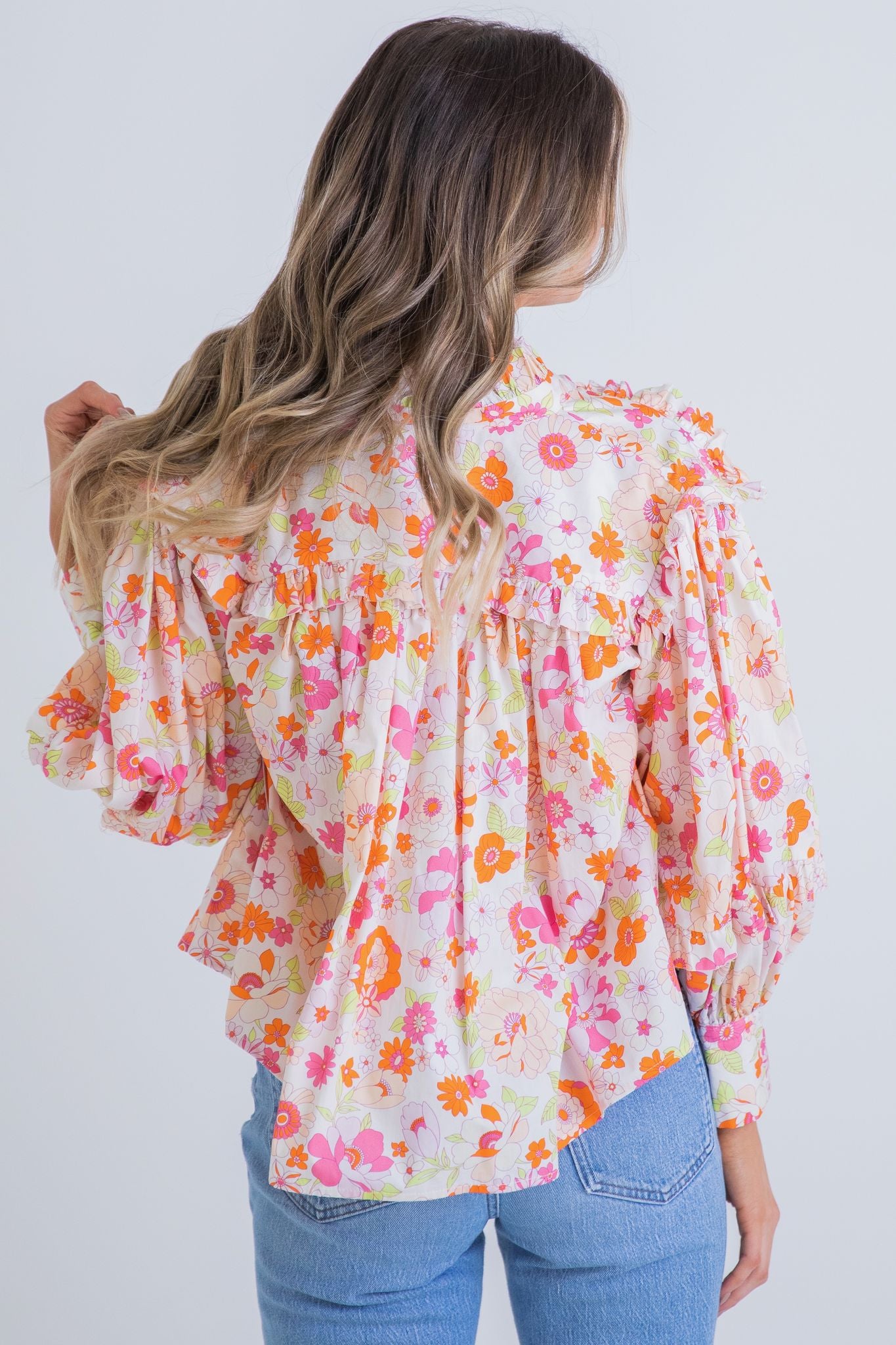 FLORAL LONDON RUFFLE SLEEVE TOP