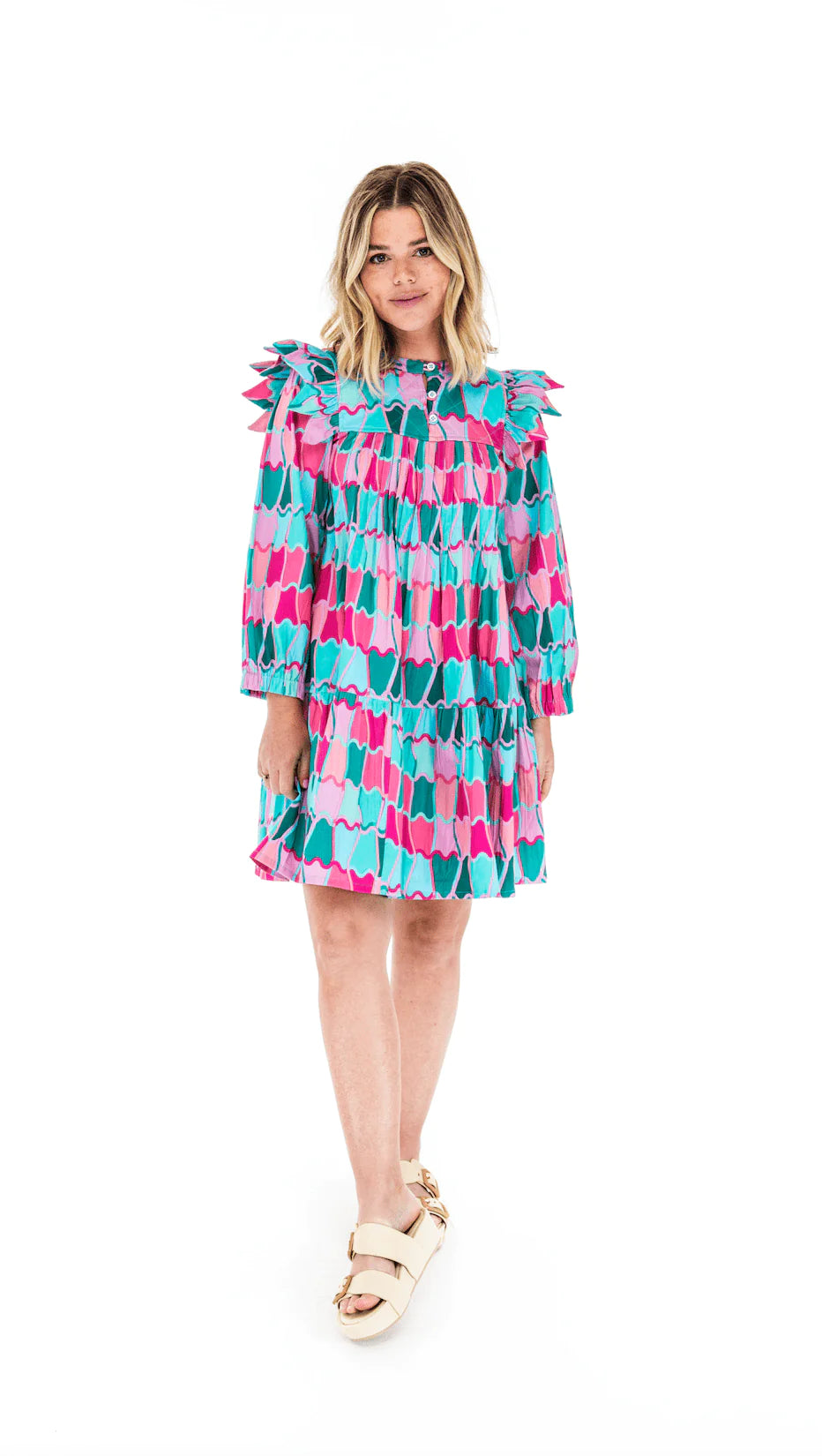 Woman wearing Briton Courts Untitled Abstract dress.