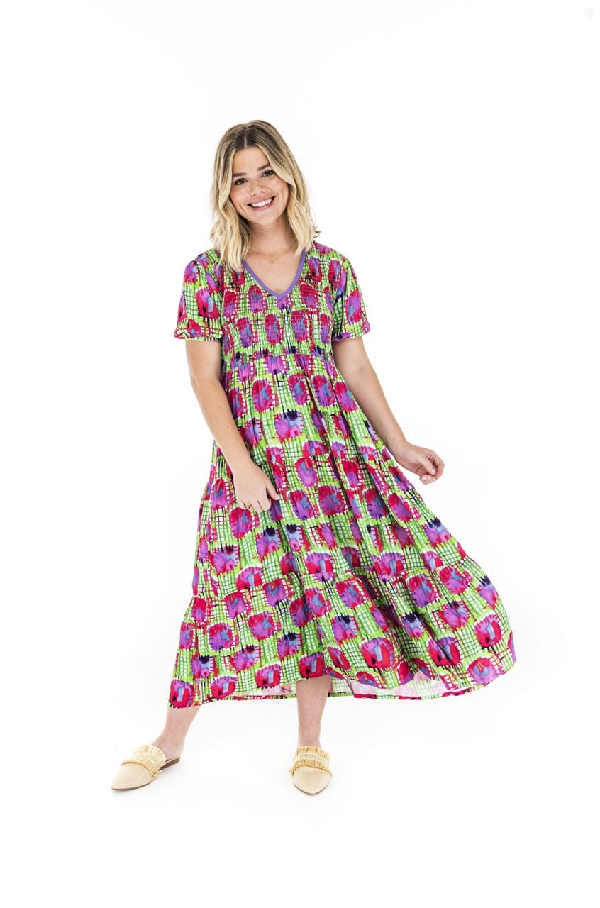 Woman wearing Briton Courts Sunrise maxi dress,